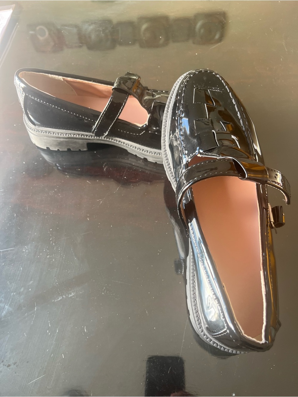 Patent-Look Mary Jane Loafers in Black